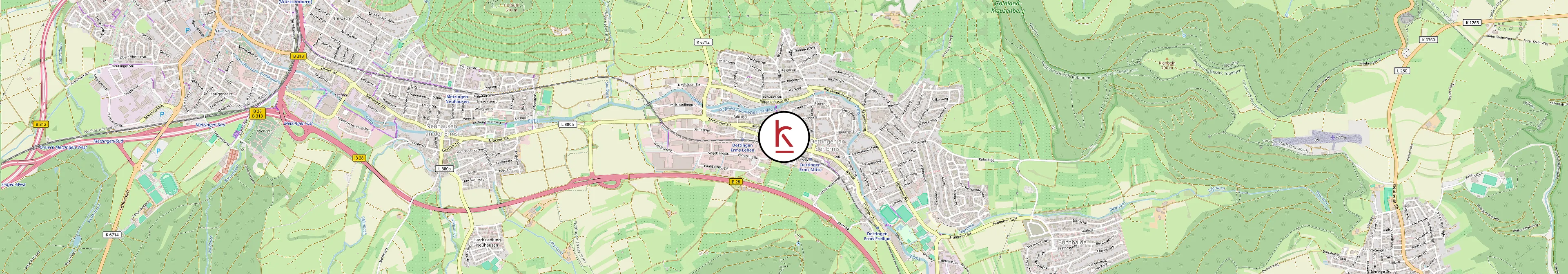 Stadtkarte von Dettingen an der Erms — unser Unternehmen liegt direkt an der zentralen Hauptstraße Richtung Bad Urach.